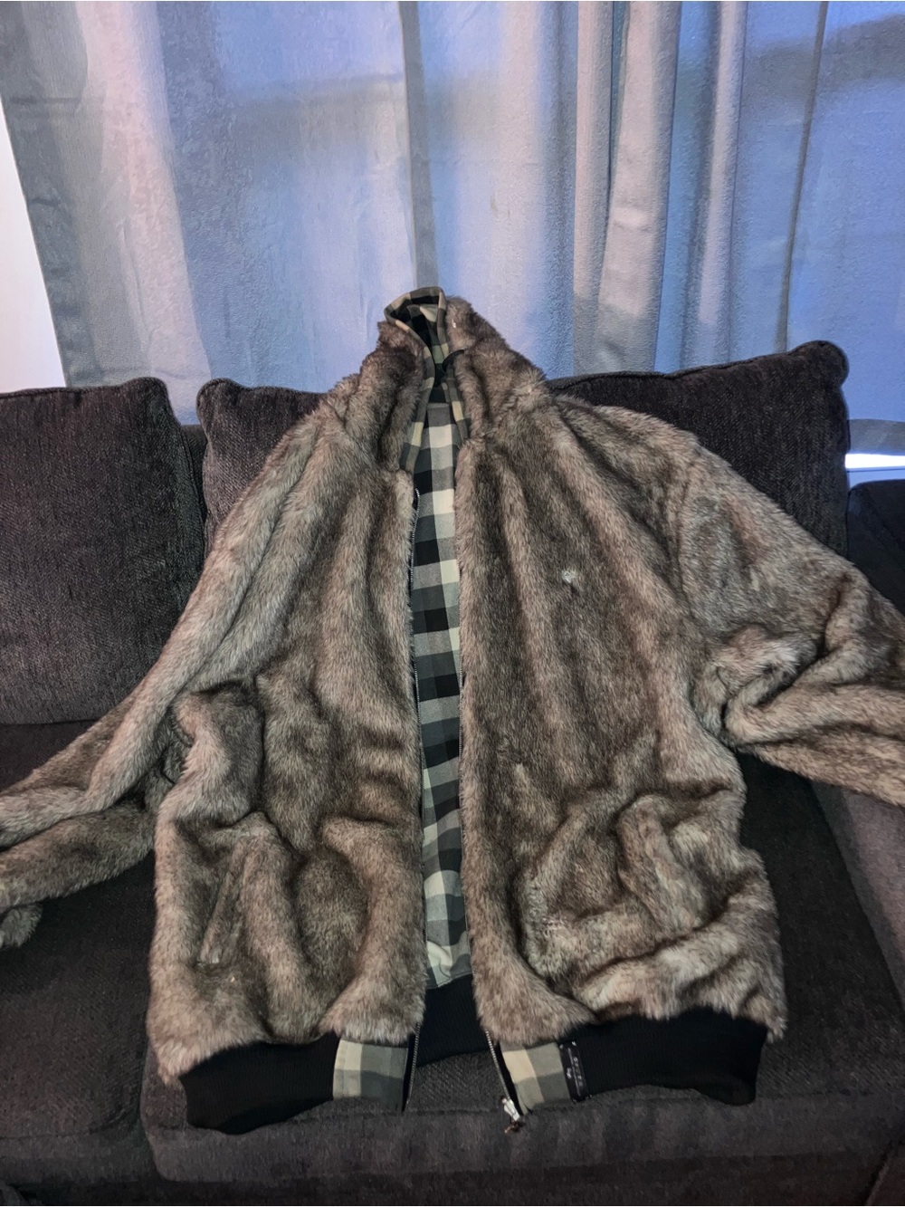 Lrg Gray Faux Fur Bomber Jacket with Plaid Lining